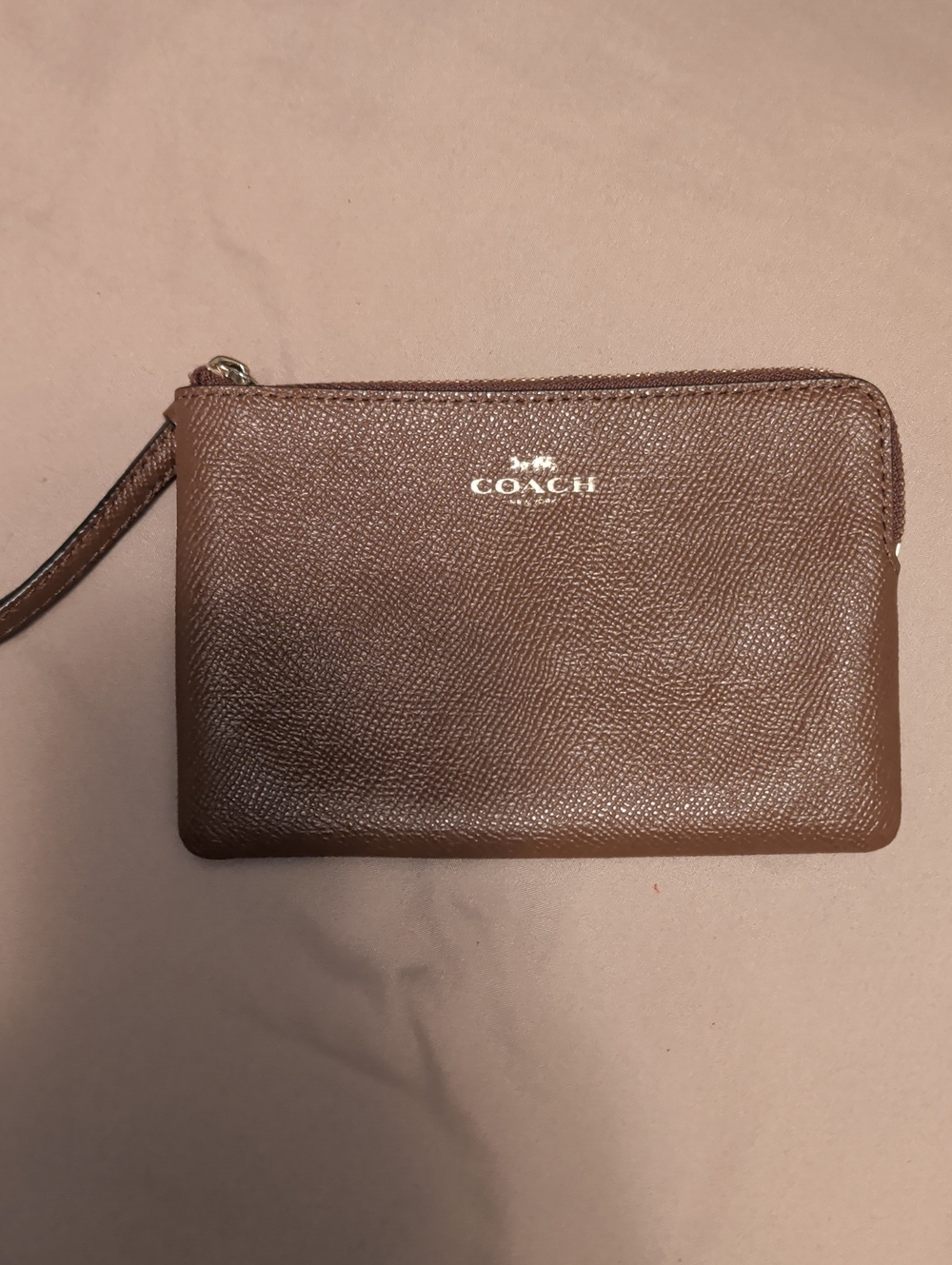Coach Brown Textured Leather Wristlet Pouch with Logo